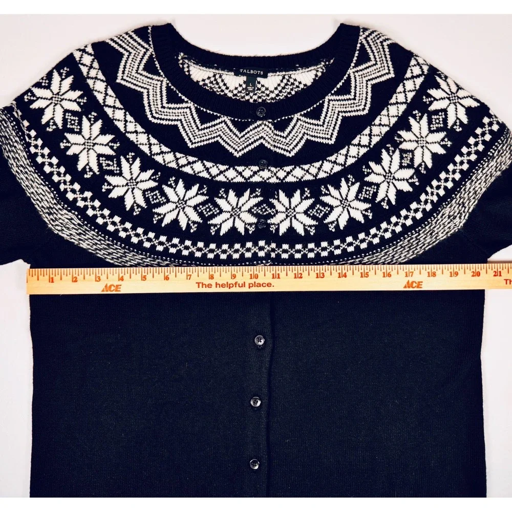 Talbots Cardigan Sweater Womens Large Black White Fair Isle Nordic Button Front‎
